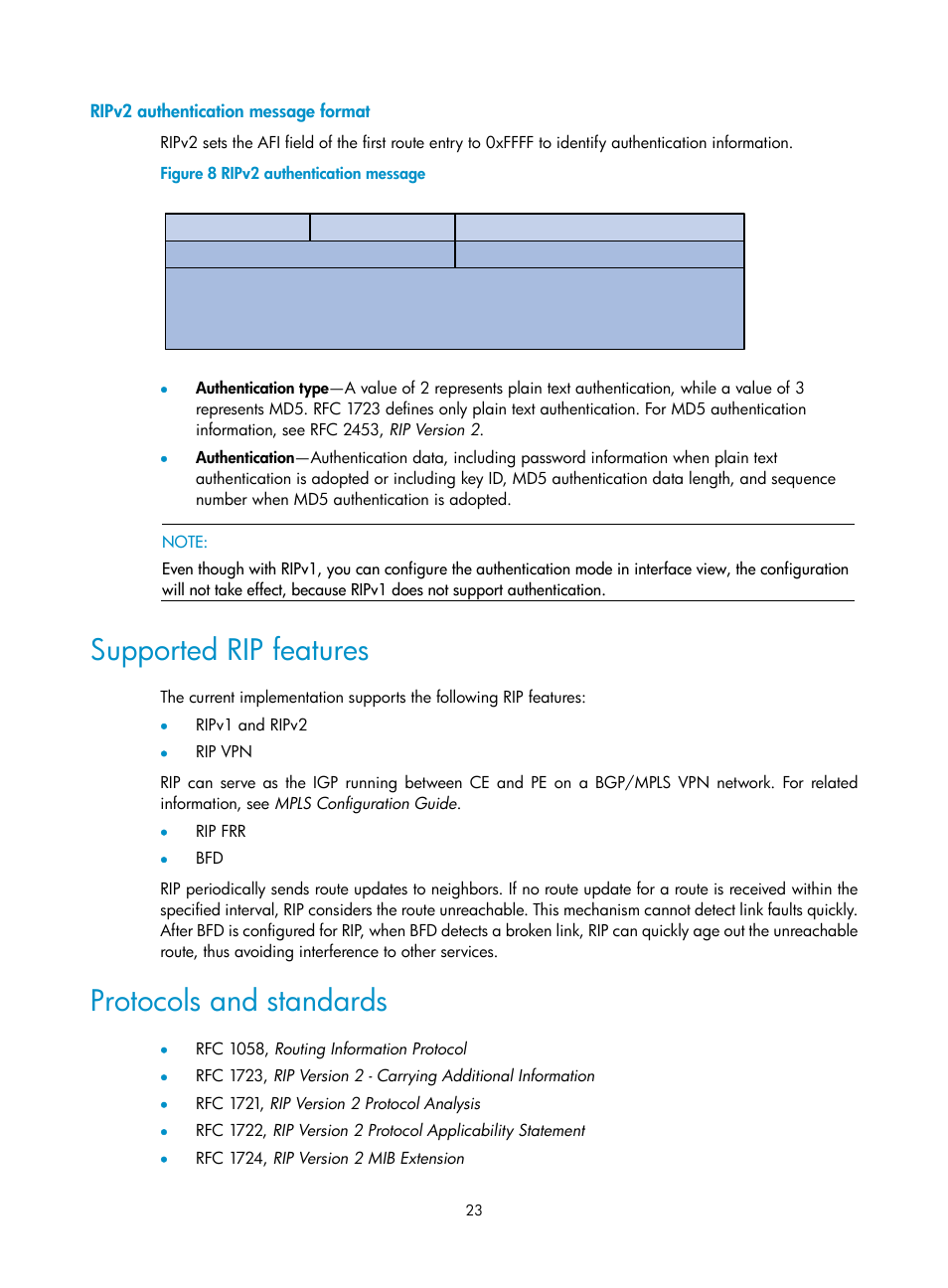 Ripv2 authentication message format, Supported rip features, Protocols and standards | H3C Technologies H3C S12500 Series Switches User Manual | Page 39 / 443