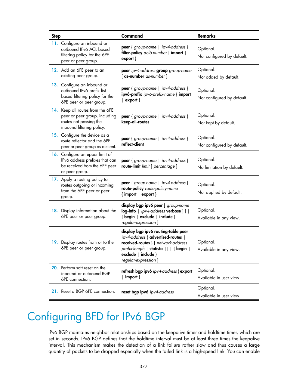 Configuring bfd for ipv6 bgp | H3C Technologies H3C S12500 Series Switches User Manual | Page 393 / 443