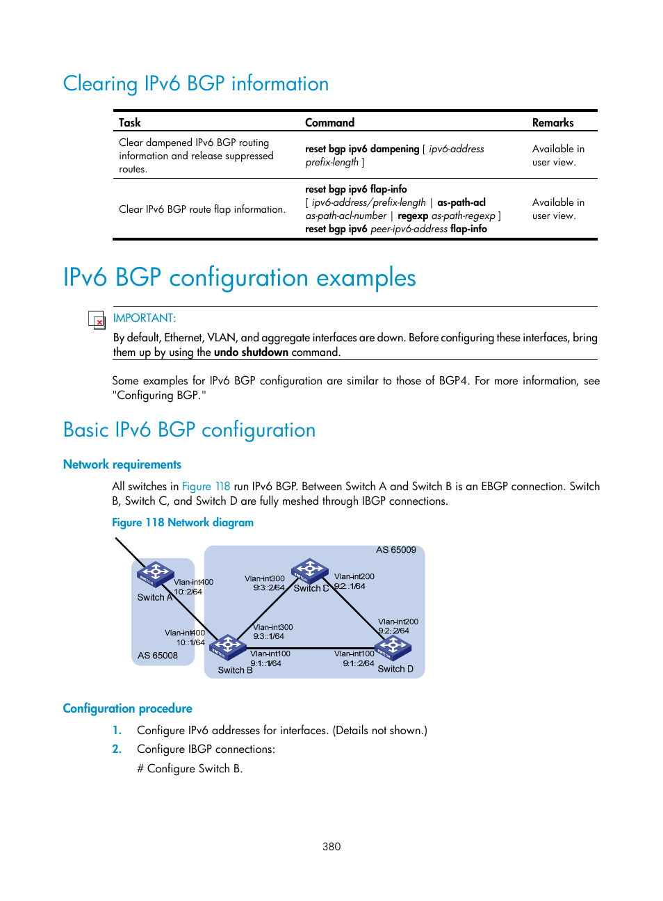 Clearing ipv6 bgp information, Ipv6 bgp configuration examples, Basic ipv6 bgp configuration | Network requirements, Configuration procedure | H3C Technologies H3C S12500 Series Switches User Manual | Page 396 / 443