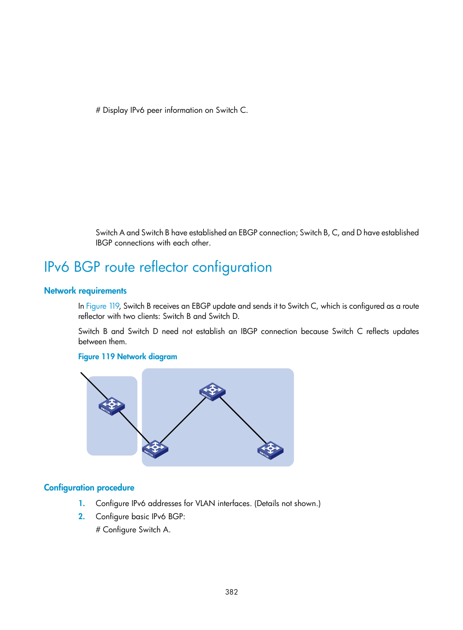 Ipv6 bgp route reflector configuration, Network requirements, Configuration procedure | H3C Technologies H3C S12500 Series Switches User Manual | Page 398 / 443