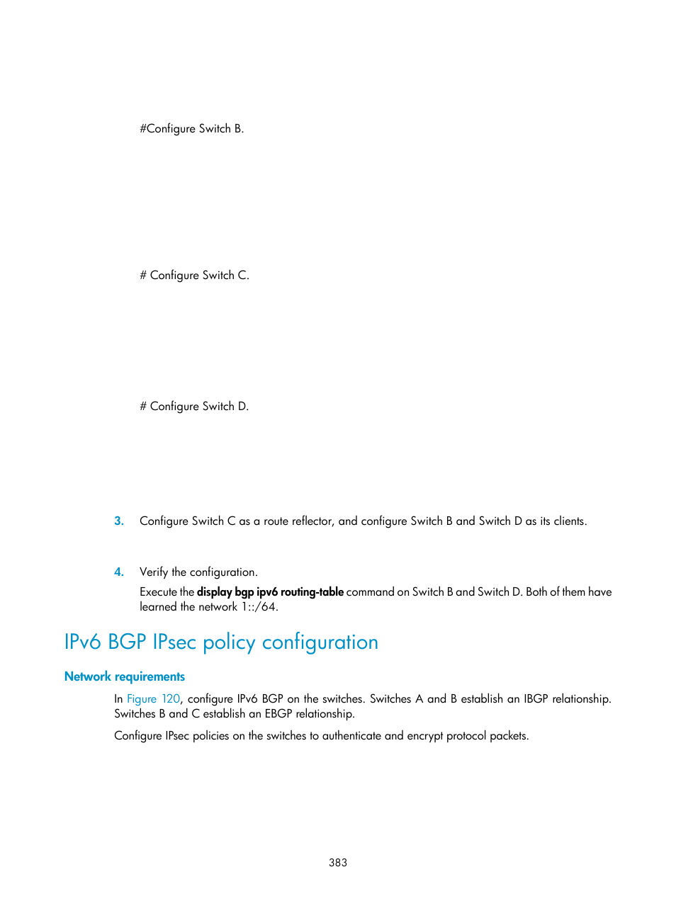 Ipv6 bgp ipsec policy configuration, Network requirements | H3C Technologies H3C S12500 Series Switches User Manual | Page 399 / 443