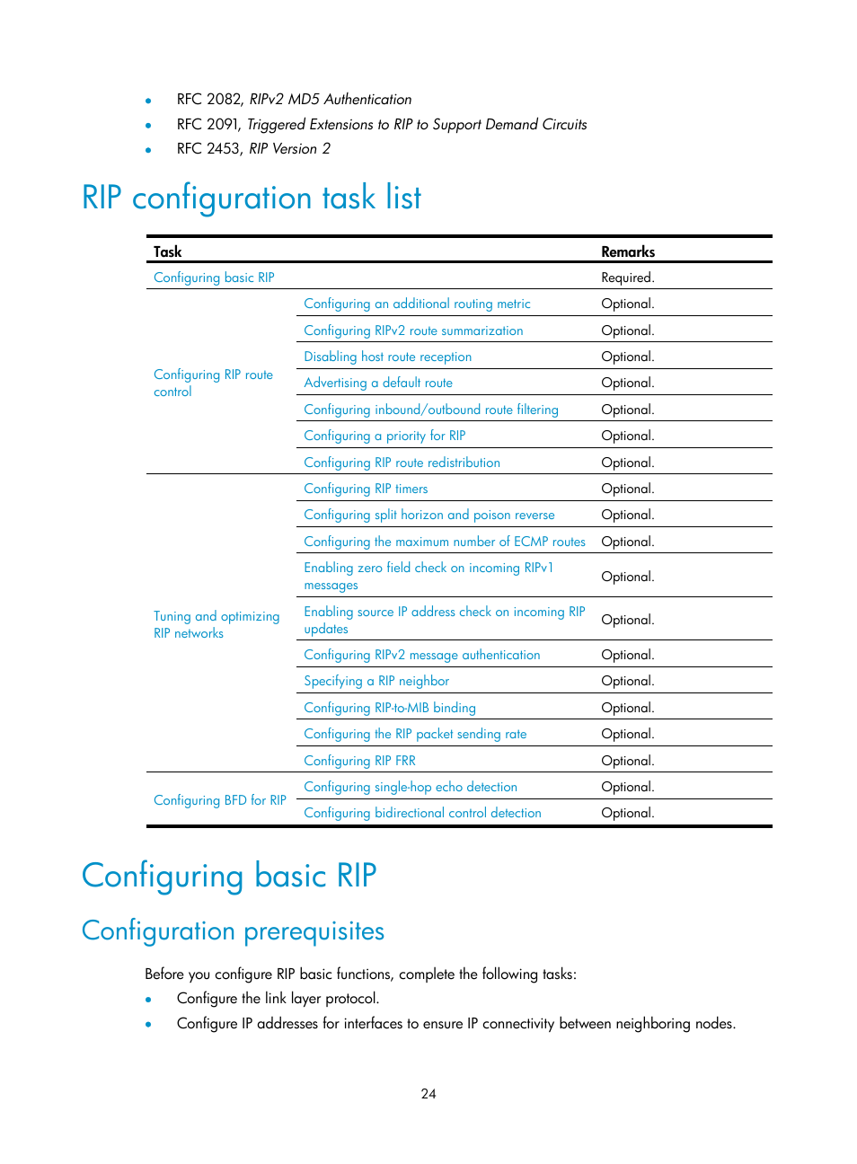 Rip configuration task list, Configuring basic rip, Configuration prerequisites | H3C Technologies H3C S12500 Series Switches User Manual | Page 40 / 443