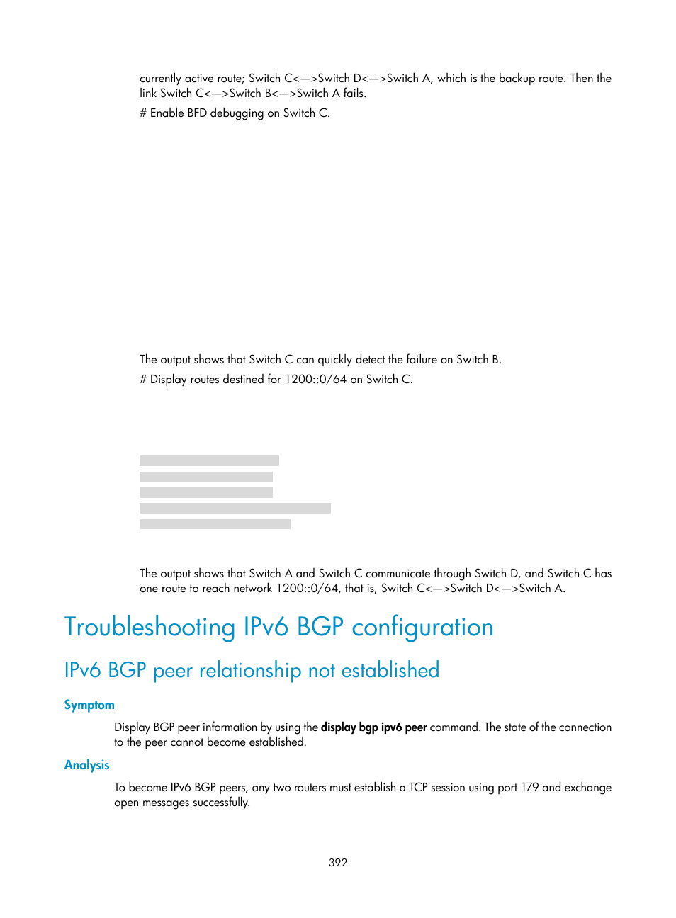 Troubleshooting ipv6 bgp configuration, Ipv6 bgp peer relationship not established, Symptom | Analysis | H3C Technologies H3C S12500 Series Switches User Manual | Page 408 / 443