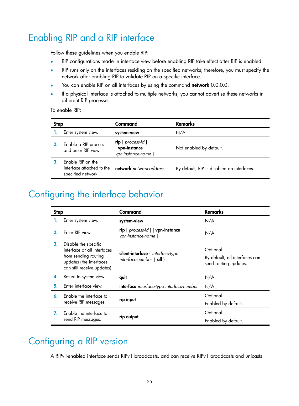 Enabling rip and a rip interface, Configuring the interface behavior, Configuring a rip version | H3C Technologies H3C S12500 Series Switches User Manual | Page 41 / 443