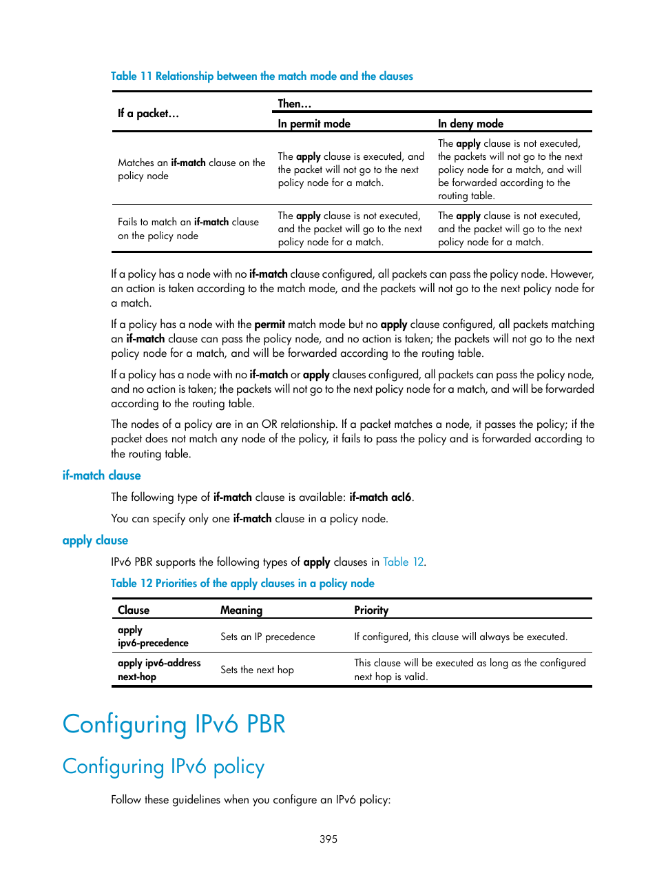 If-match clause, Apply clause, Configuring ipv6 pbr | Configuring ipv6 policy | H3C Technologies H3C S12500 Series Switches User Manual | Page 411 / 443