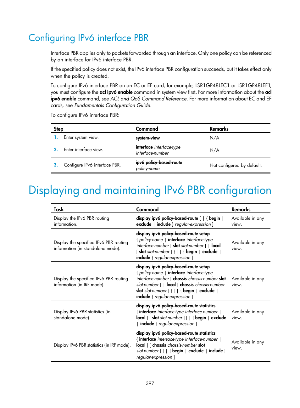 Configuring ipv6 interface pbr, Displaying and maintaining ipv6 pbr configuration | H3C Technologies H3C S12500 Series Switches User Manual | Page 413 / 443