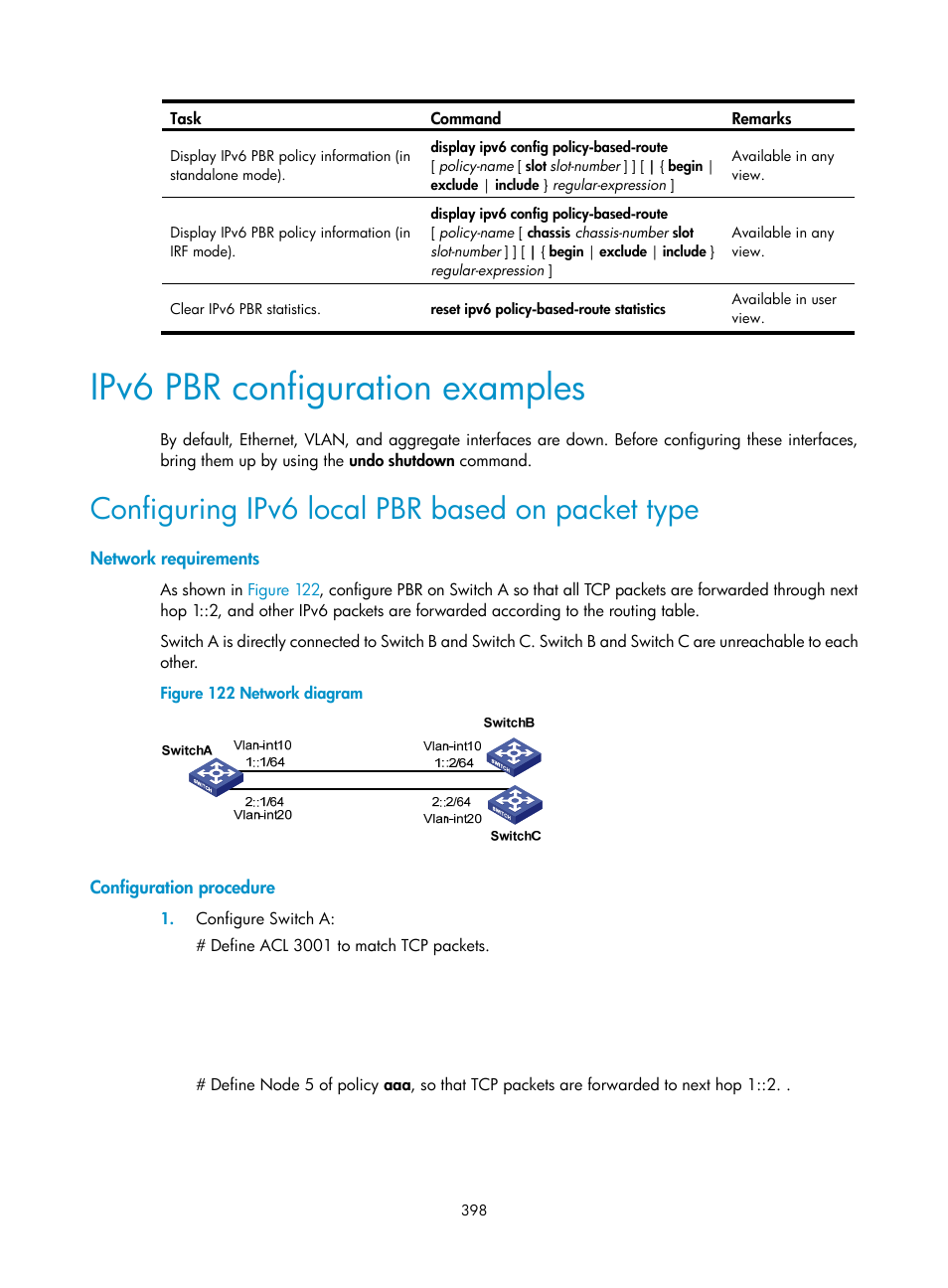 Ipv6 pbr configuration examples, Configuring ipv6 local pbr based on packet type, Network requirements | Configuration procedure | H3C Technologies H3C S12500 Series Switches User Manual | Page 414 / 443