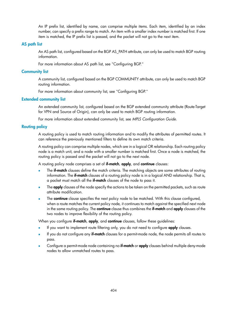 As path list, Community list, Extended community list | Routing policy | H3C Technologies H3C S12500 Series Switches User Manual | Page 420 / 443