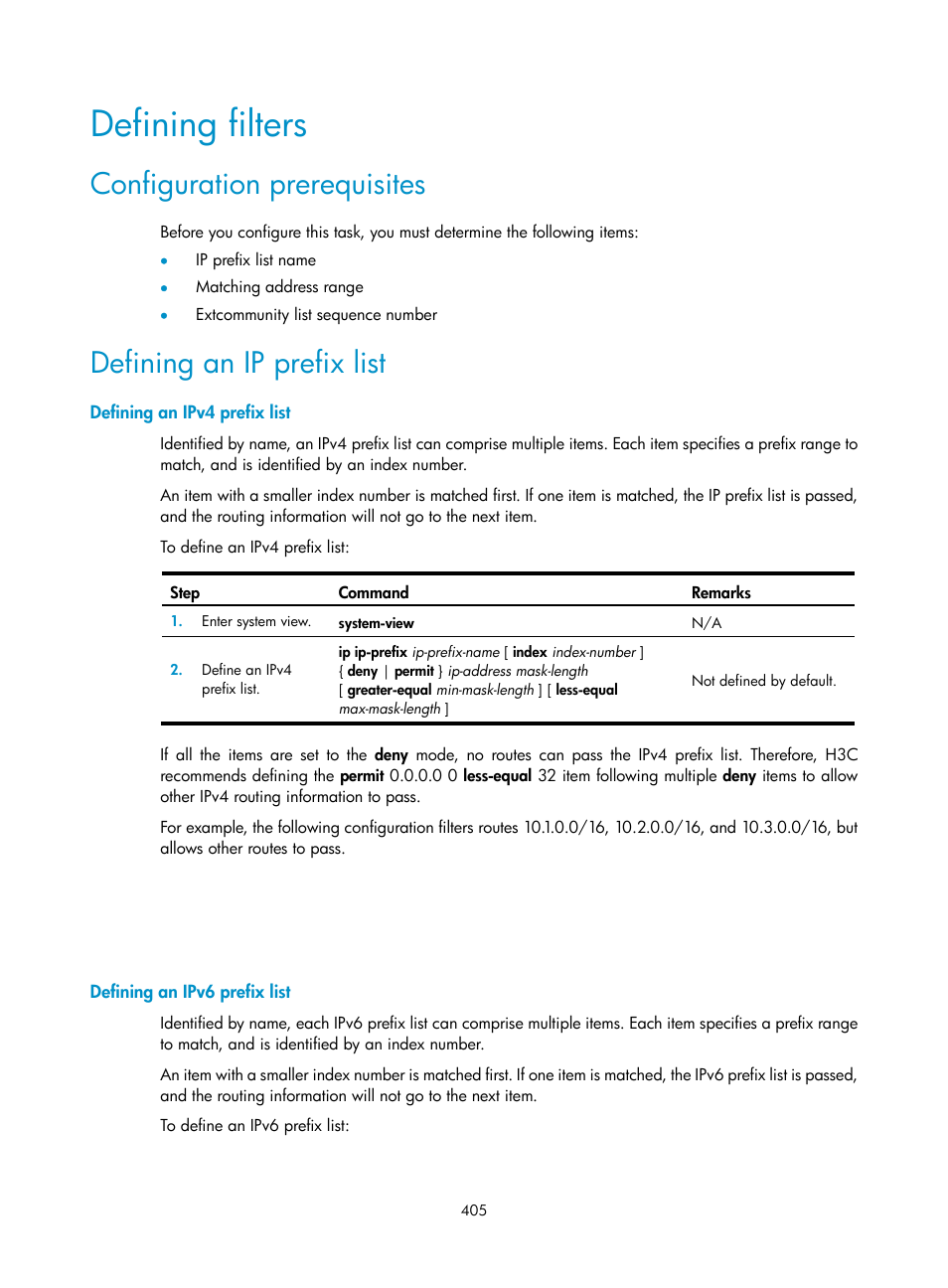 Defining filters, Configuration prerequisites, Defining an ip prefix list | Defining an ipv4 prefix list, Defining an ipv6 prefix list | H3C Technologies H3C S12500 Series Switches User Manual | Page 421 / 443