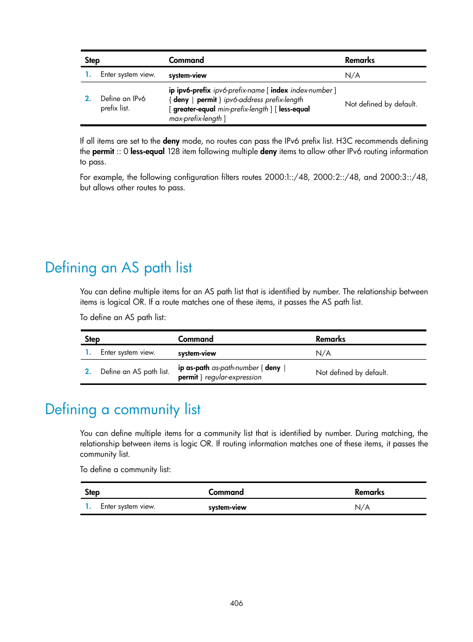 Defining an as path list, Defining a community list | H3C Technologies H3C S12500 Series Switches User Manual | Page 422 / 443