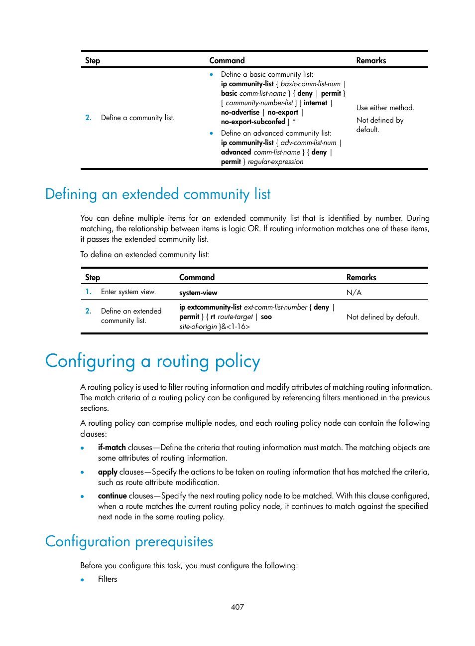 Defining an extended community list, Configuring a routing policy, Configuration prerequisites | H3C Technologies H3C S12500 Series Switches User Manual | Page 423 / 443