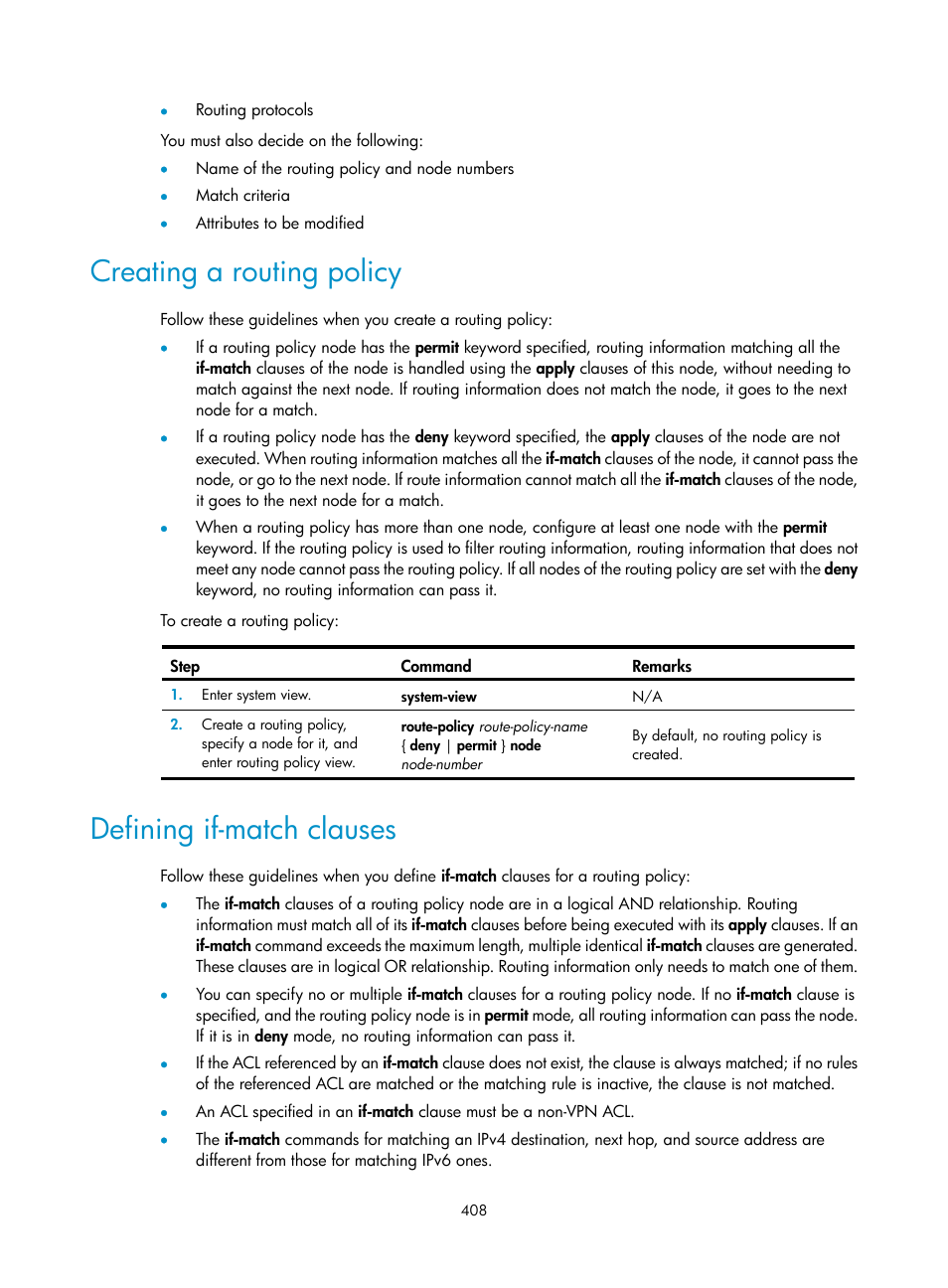 Creating a routing policy, Defining if-match clauses | H3C Technologies H3C S12500 Series Switches User Manual | Page 424 / 443