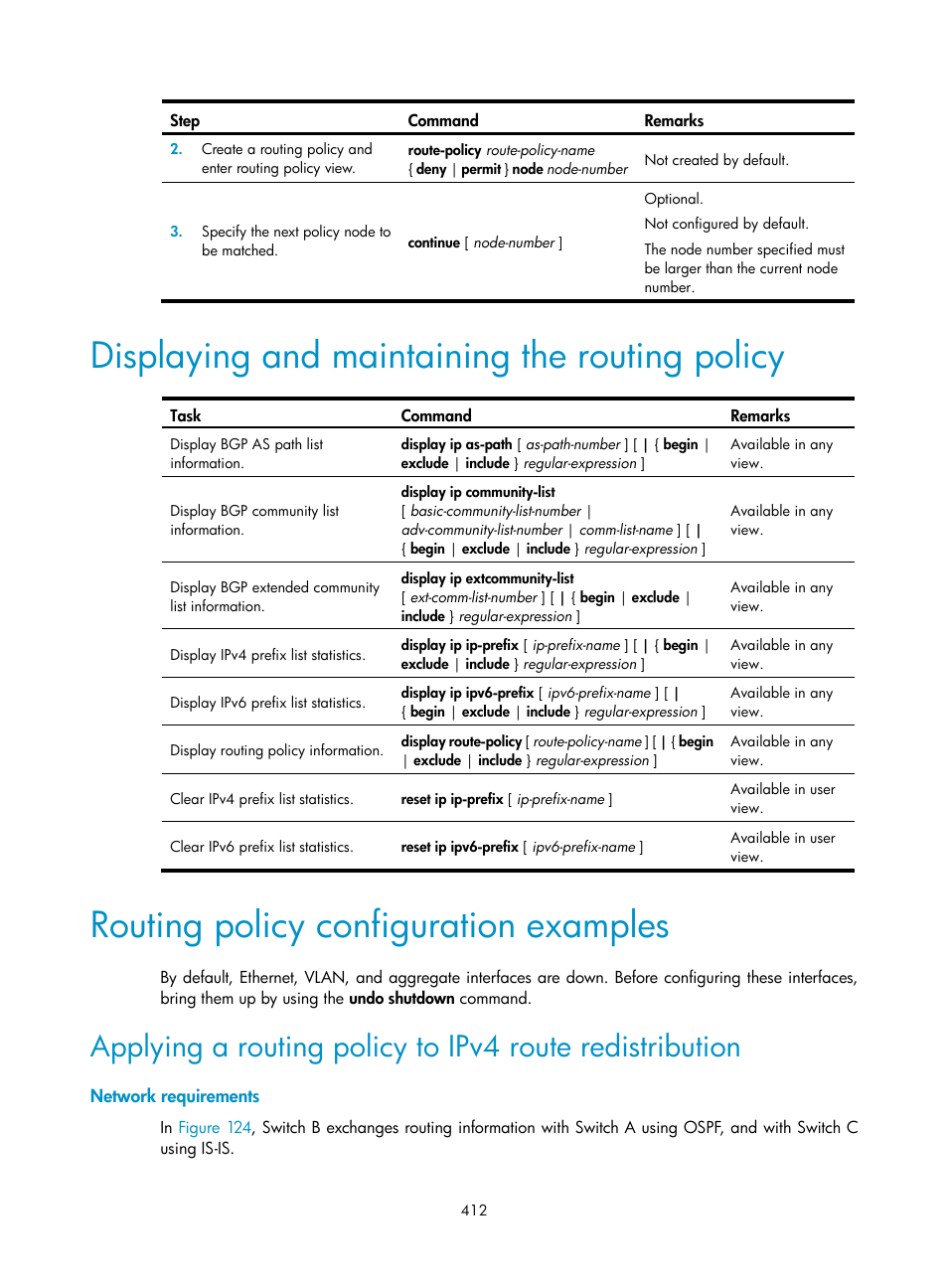 Displaying and maintaining the routing policy, Routing policy configuration examples, Network requirements | H3C Technologies H3C S12500 Series Switches User Manual | Page 428 / 443
