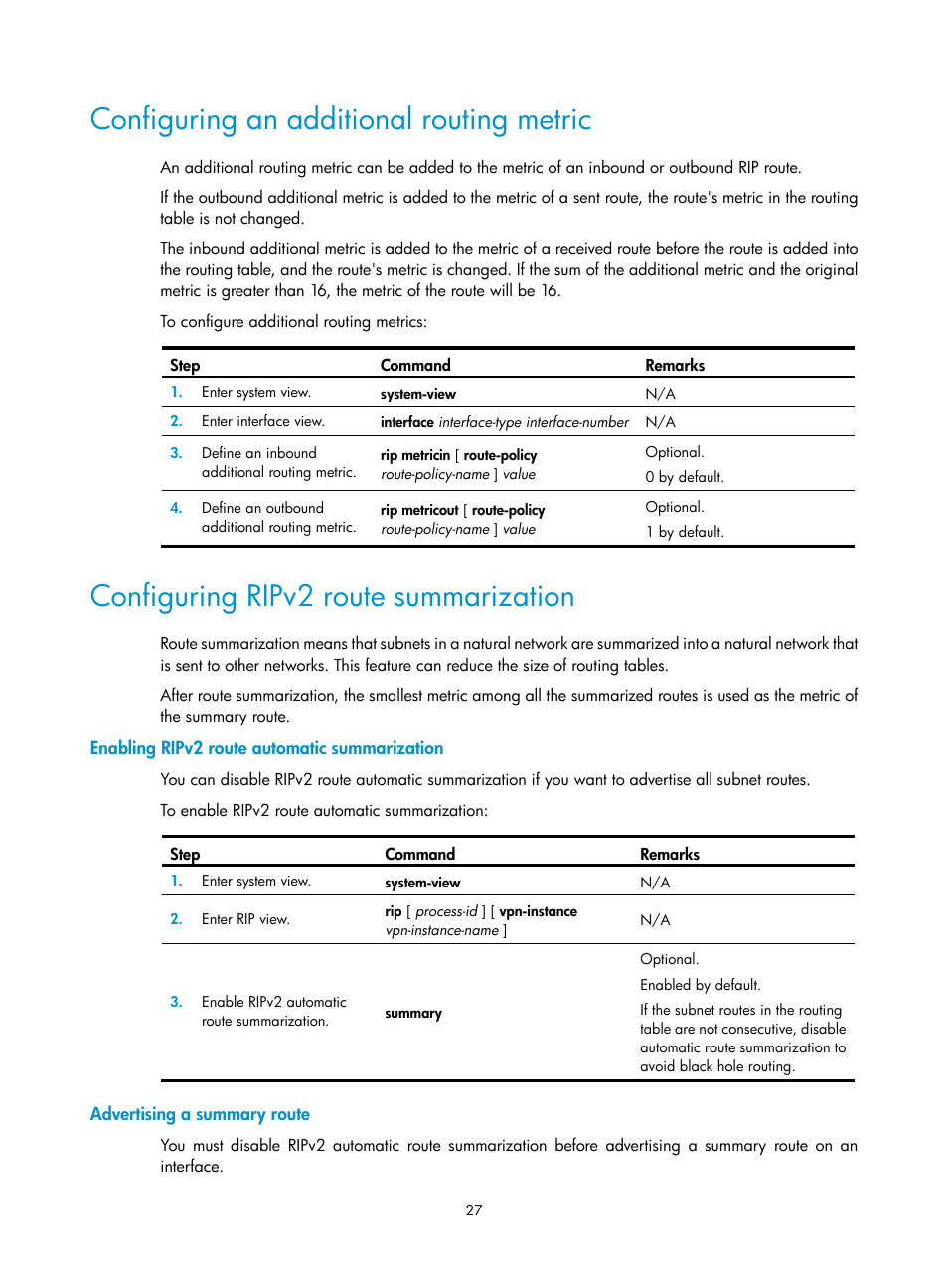 Configuring an additional routing metric, Configuring ripv2 route summarization, Enabling ripv2 route automatic summarization | Advertising a summary route | H3C Technologies H3C S12500 Series Switches User Manual | Page 43 / 443