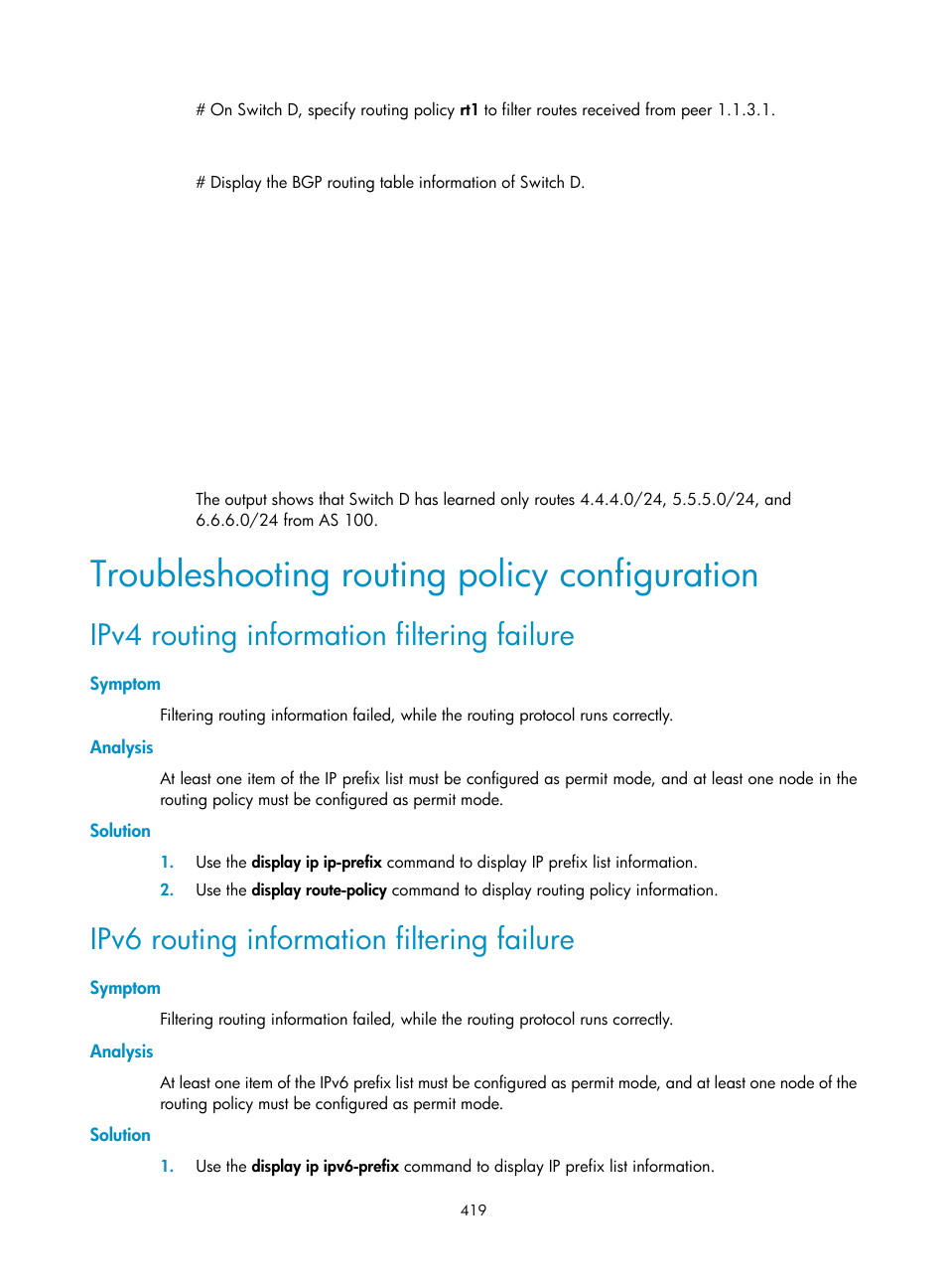 Troubleshooting routing policy configuration, Ipv4 routing information filtering failure, Symptom | Analysis, Solution, Ipv6 routing information filtering failure | H3C Technologies H3C S12500 Series Switches User Manual | Page 435 / 443