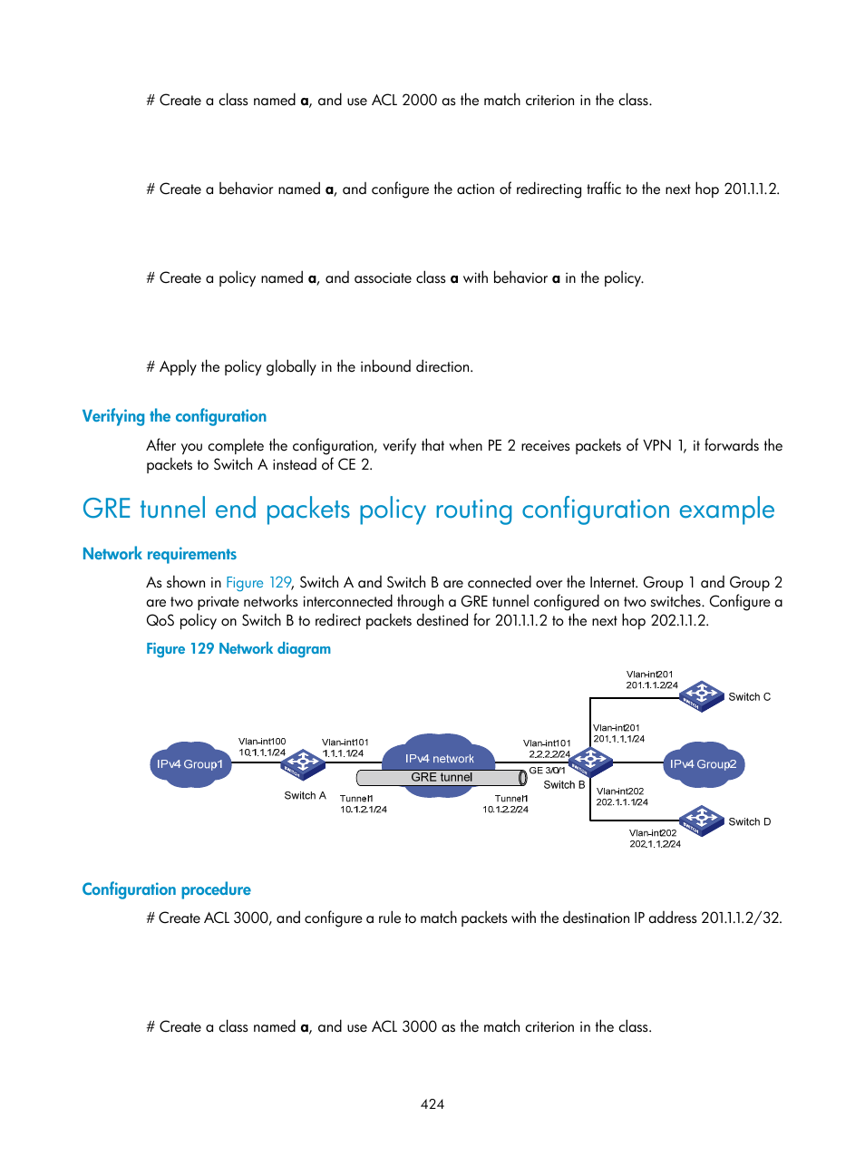 Verifying the configuration, Network requirements, Configuration procedure | H3C Technologies H3C S12500 Series Switches User Manual | Page 440 / 443