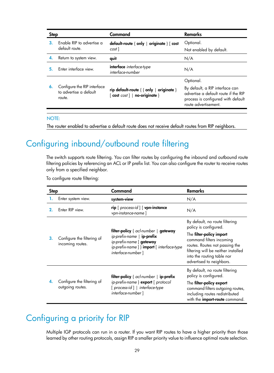 Configuring inbound/outbound route filtering, Configuring a priority for rip | H3C Technologies H3C S12500 Series Switches User Manual | Page 45 / 443