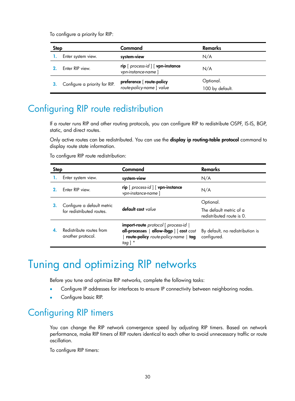 Configuring rip route redistribution, Tuning and optimizing rip networks, Configuring rip timers | H3C Technologies H3C S12500 Series Switches User Manual | Page 46 / 443