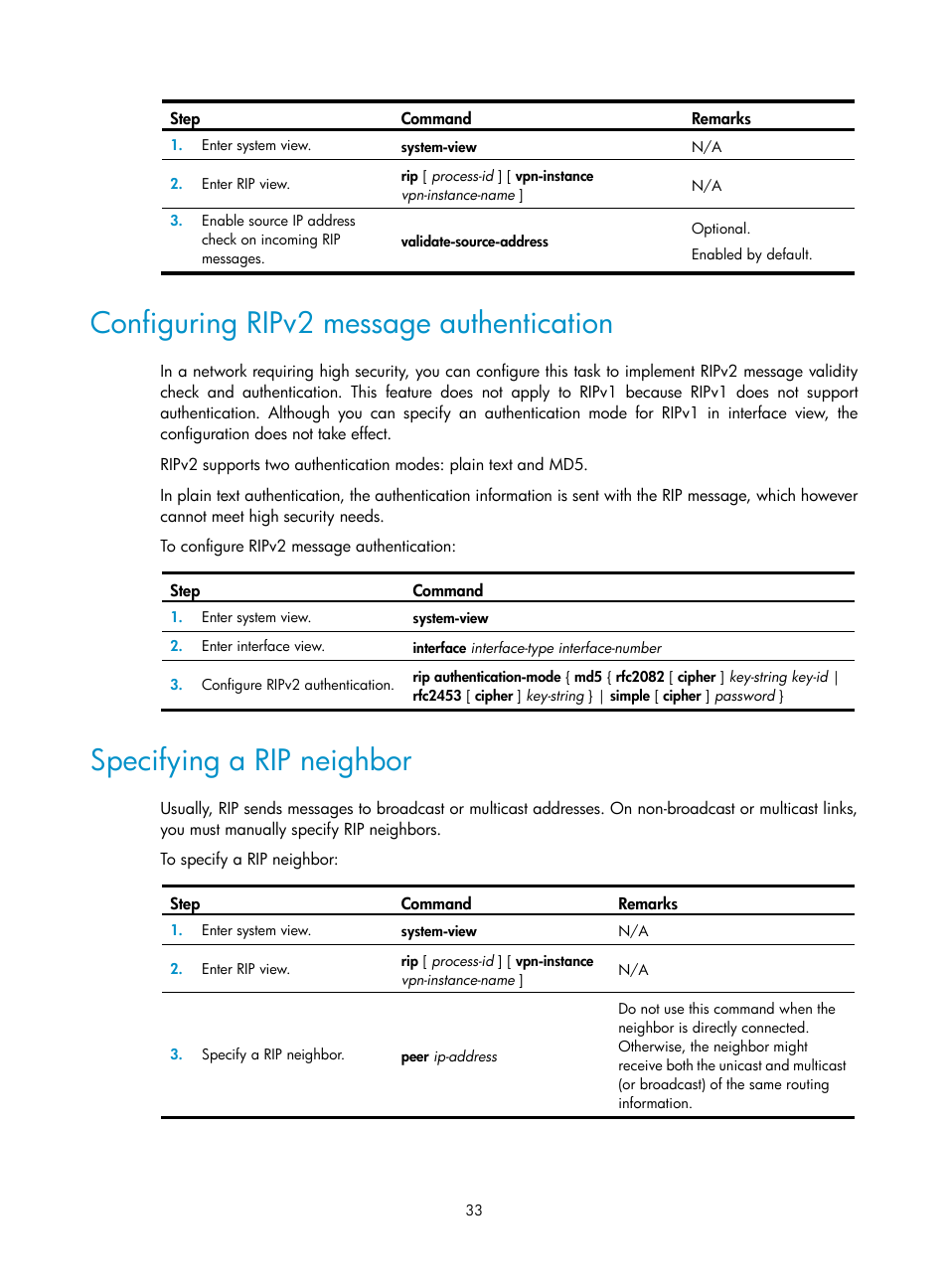 Configuring ripv2 message authentication, Specifying a rip neighbor | H3C Technologies H3C S12500 Series Switches User Manual | Page 49 / 443