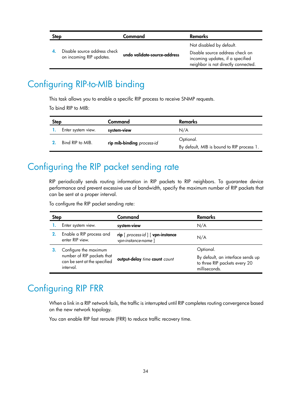 Configuring rip-to-mib binding, Configuring the rip packet sending rate, Configuring rip frr | H3C Technologies H3C S12500 Series Switches User Manual | Page 50 / 443