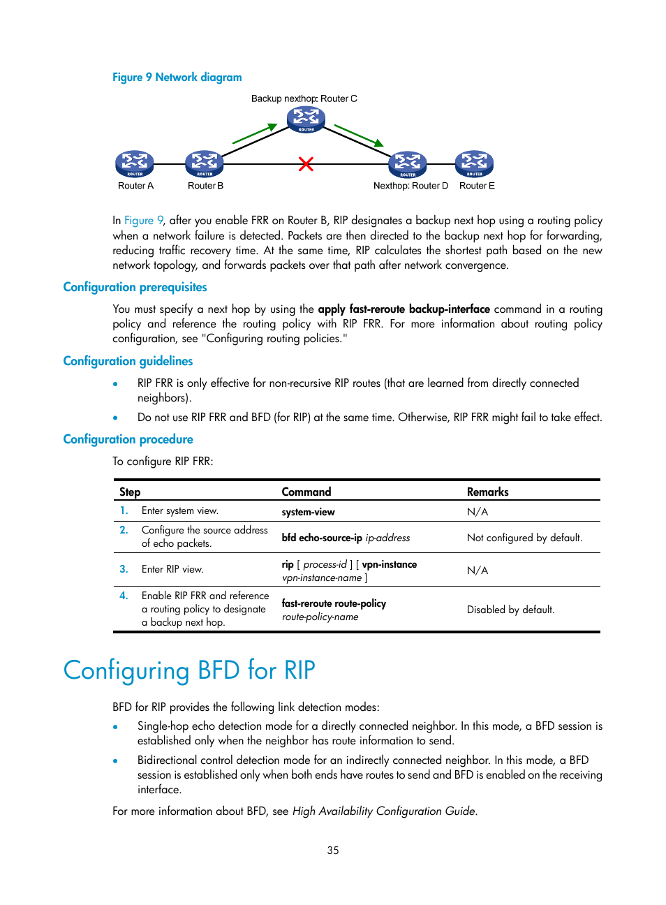 Configuration prerequisites, Configuration guidelines, Configuration procedure | Configuring bfd for rip | H3C Technologies H3C S12500 Series Switches User Manual | Page 51 / 443
