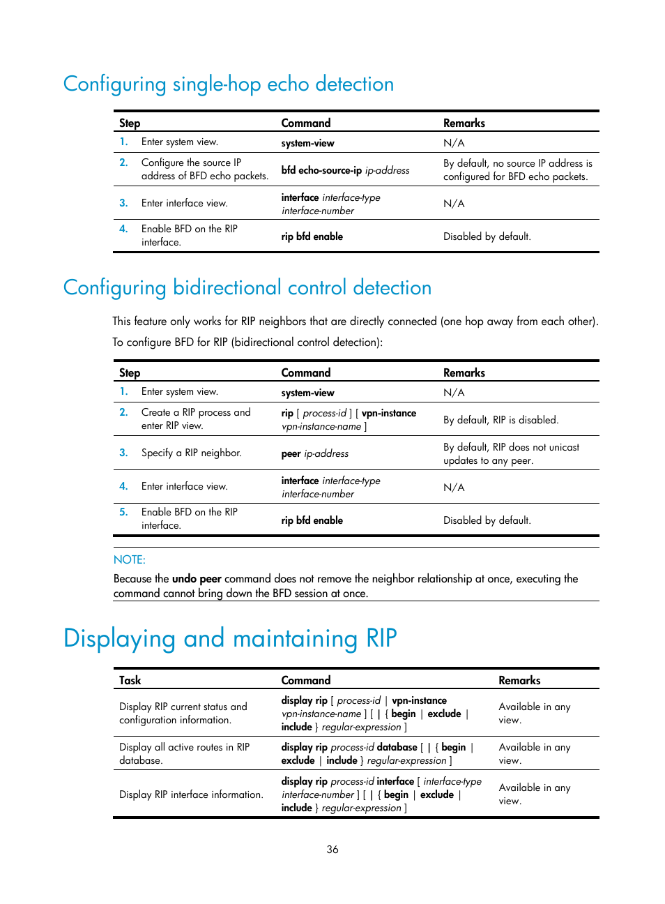 Configuring single-hop echo detection, Configuring bidirectional control detection, Displaying and maintaining rip | H3C Technologies H3C S12500 Series Switches User Manual | Page 52 / 443