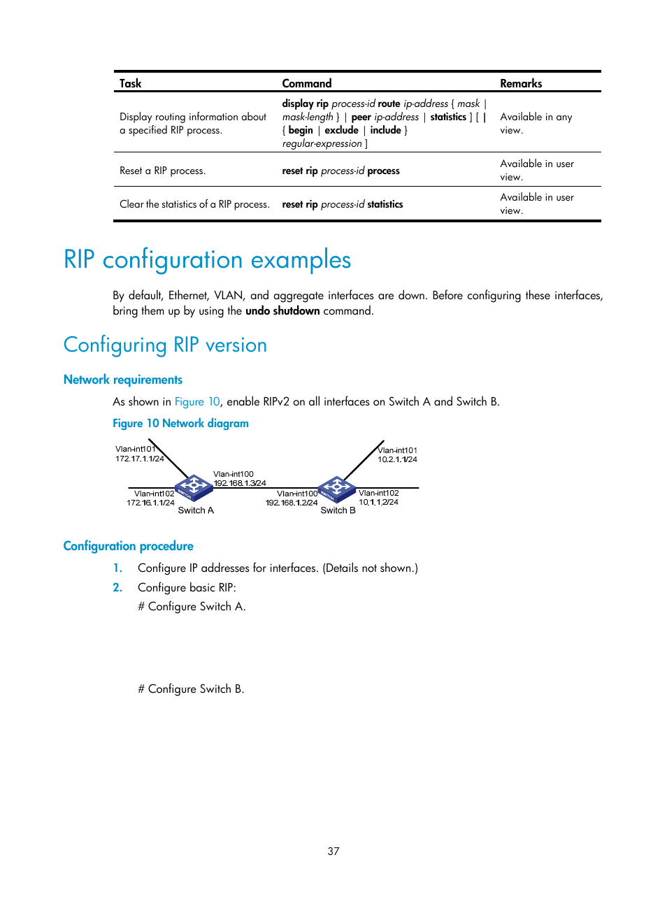 Rip configuration examples, Configuring rip version, Network requirements | Configuration procedure | H3C Technologies H3C S12500 Series Switches User Manual | Page 53 / 443