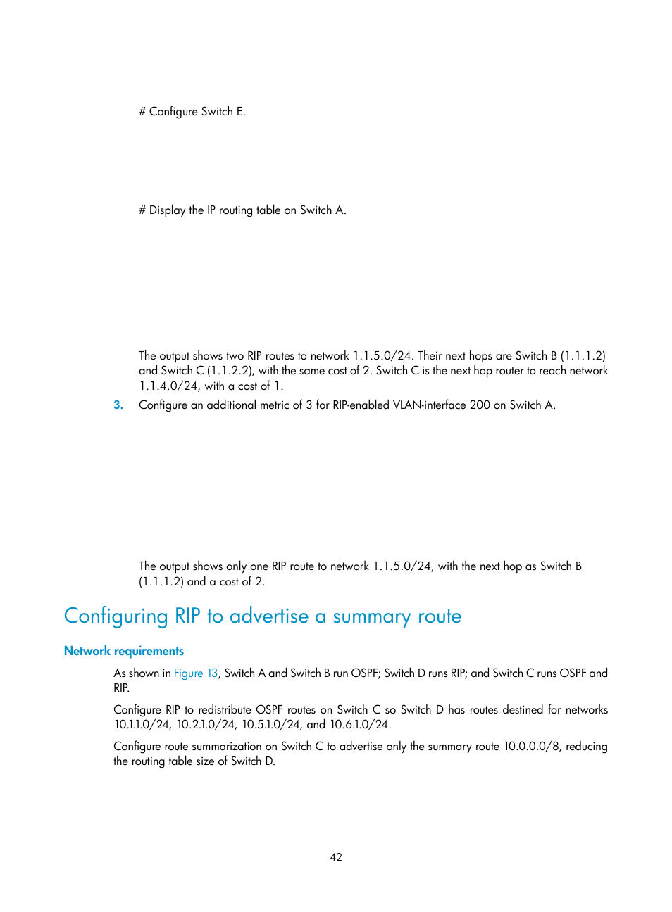 Configuring rip to advertise a summary route, Network requirements | H3C Technologies H3C S12500 Series Switches User Manual | Page 58 / 443