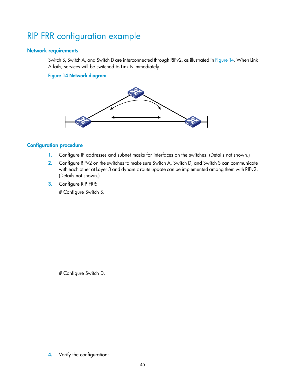 Rip frr configuration example, Network requirements, Configuration procedure | H3C Technologies H3C S12500 Series Switches User Manual | Page 61 / 443