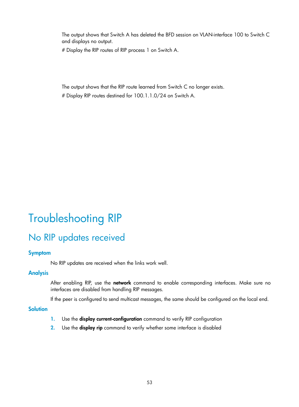 Troubleshooting rip, No rip updates received, Symptom | Analysis, Solution | H3C Technologies H3C S12500 Series Switches User Manual | Page 69 / 443