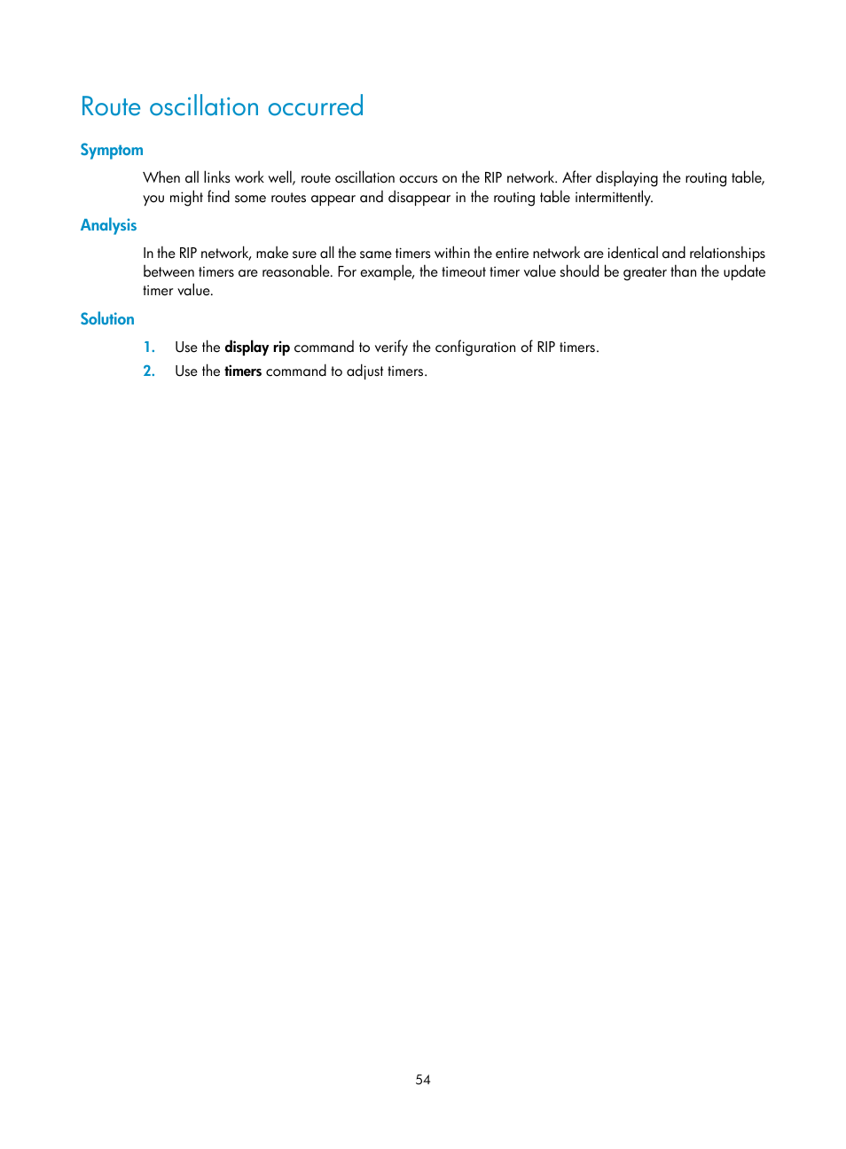 Route oscillation occurred, Symptom, Analysis | Solution | H3C Technologies H3C S12500 Series Switches User Manual | Page 70 / 443