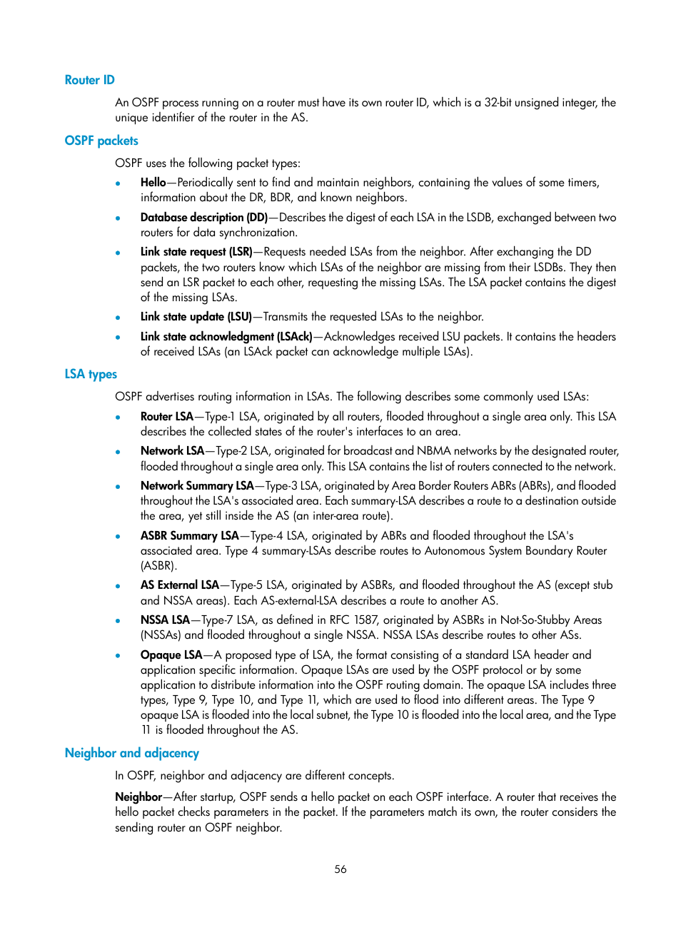 Router id, Ospf packets, Lsa types | Neighbor and adjacency | H3C Technologies H3C S12500 Series Switches User Manual | Page 72 / 443