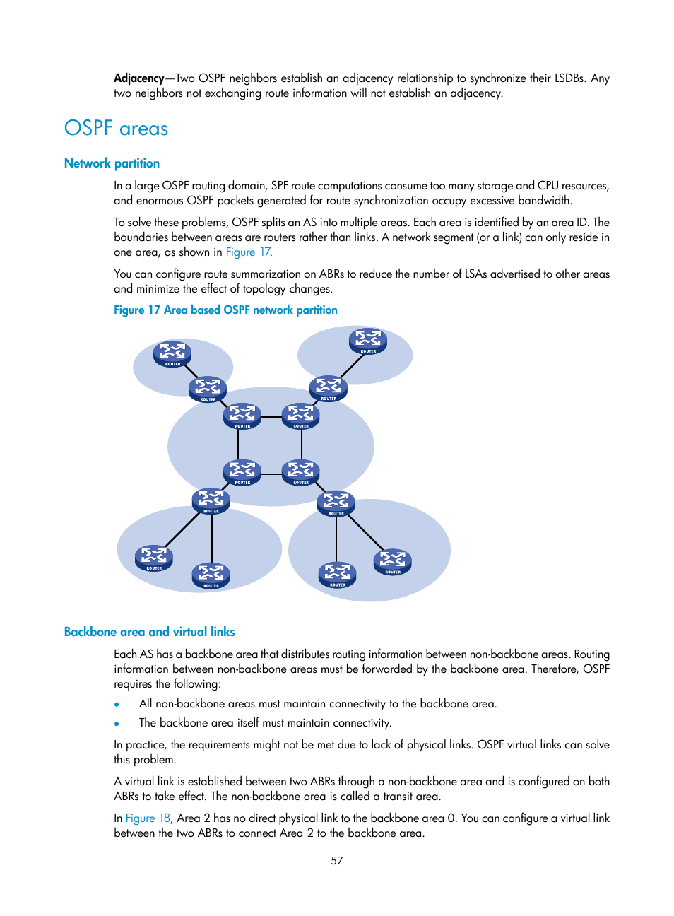 Ospf areas, Network partition, Backbone area and virtual links | H3C Technologies H3C S12500 Series Switches User Manual | Page 73 / 443