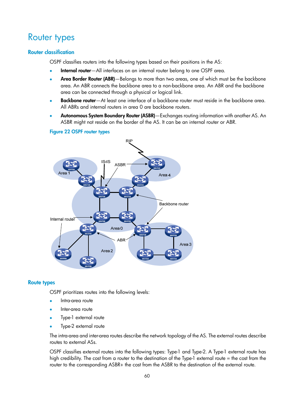 Router types, Router classification, Route types | H3C Technologies H3C S12500 Series Switches User Manual | Page 76 / 443
