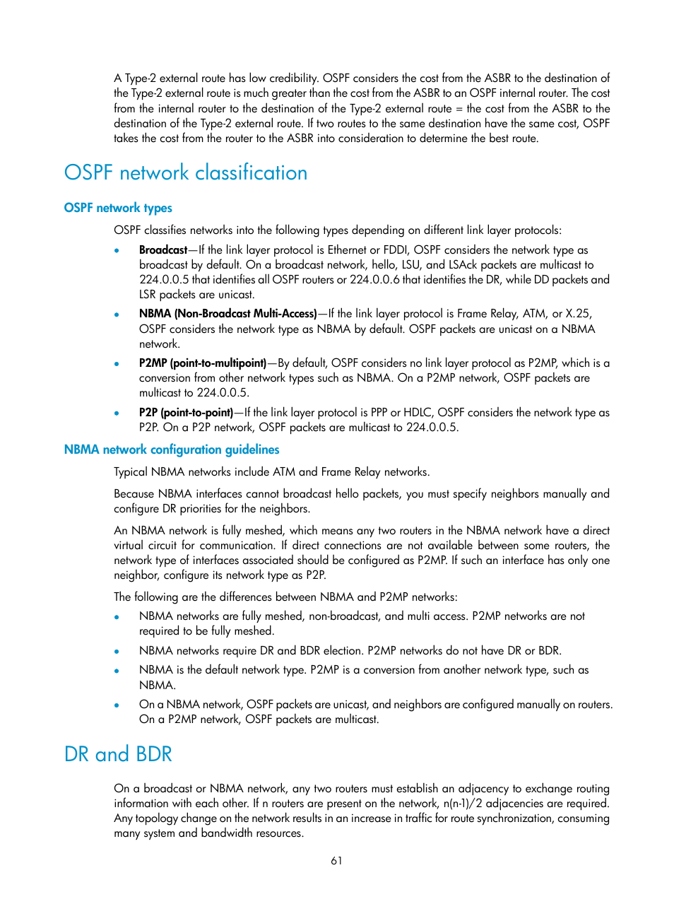 Ospf network classification, Ospf network types, Nbma network configuration guidelines | Dr and bdr | H3C Technologies H3C S12500 Series Switches User Manual | Page 77 / 443