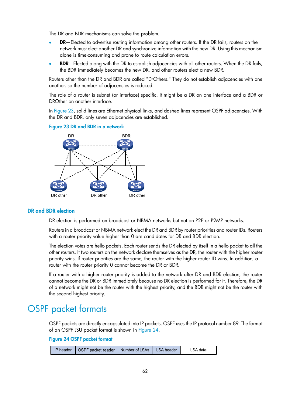 Dr and bdr election, Ospf packet formats | H3C Technologies H3C S12500 Series Switches User Manual | Page 78 / 443
