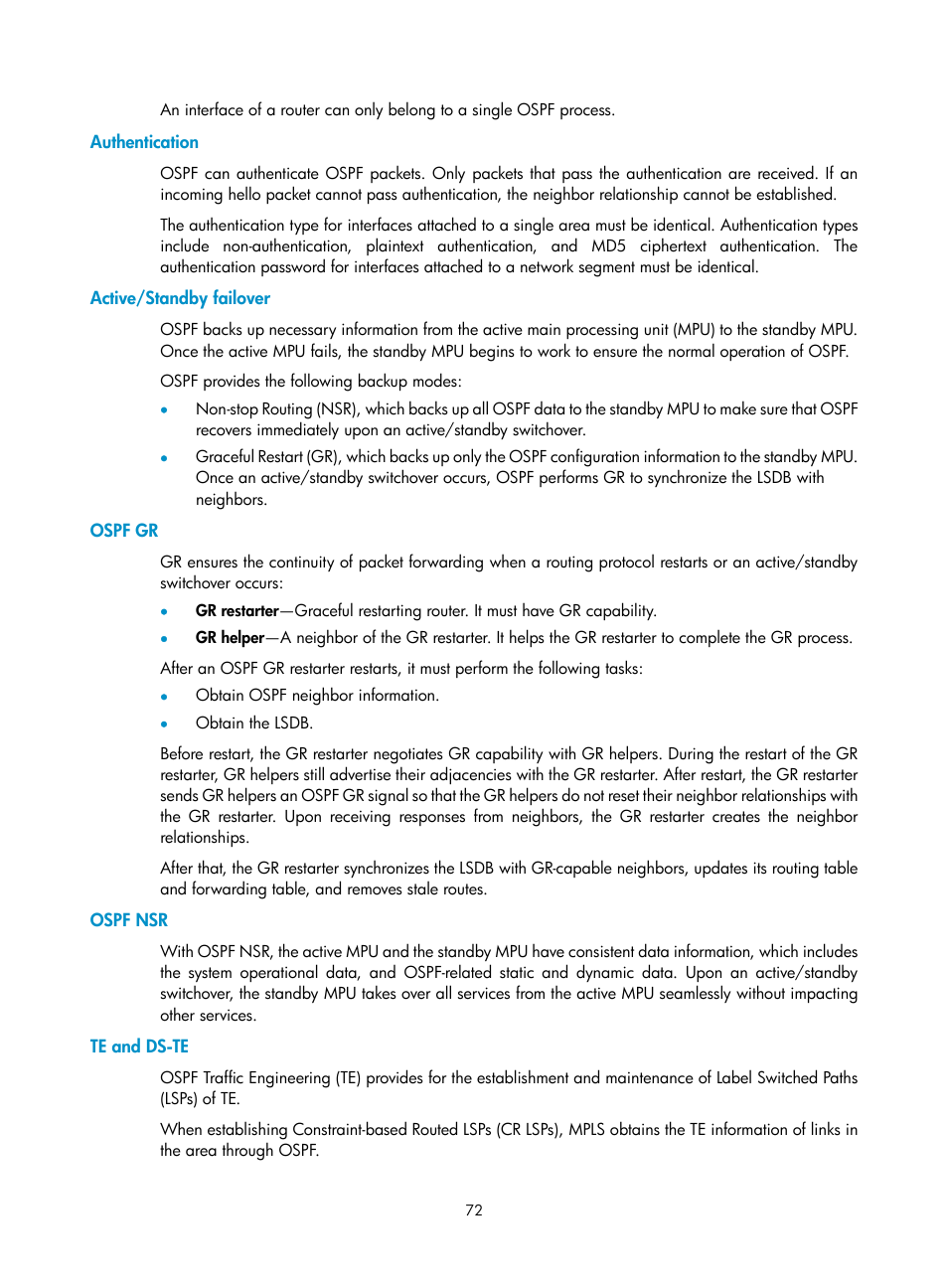 Authentication, Active/standby failover, Ospf gr | Ospf nsr, Te and ds-te | H3C Technologies H3C S12500 Series Switches User Manual | Page 88 / 443