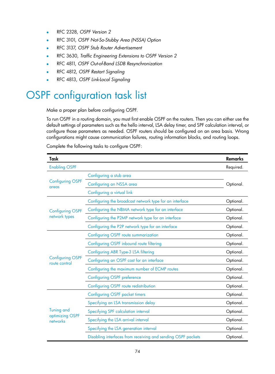 Ospf configuration task list | H3C Technologies H3C S12500 Series Switches User Manual | Page 90 / 443