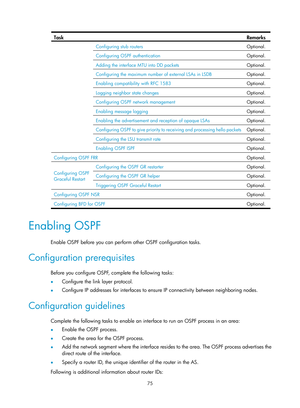 Enabling ospf, Configuration prerequisites, Configuration guidelines | H3C Technologies H3C S12500 Series Switches User Manual | Page 91 / 443