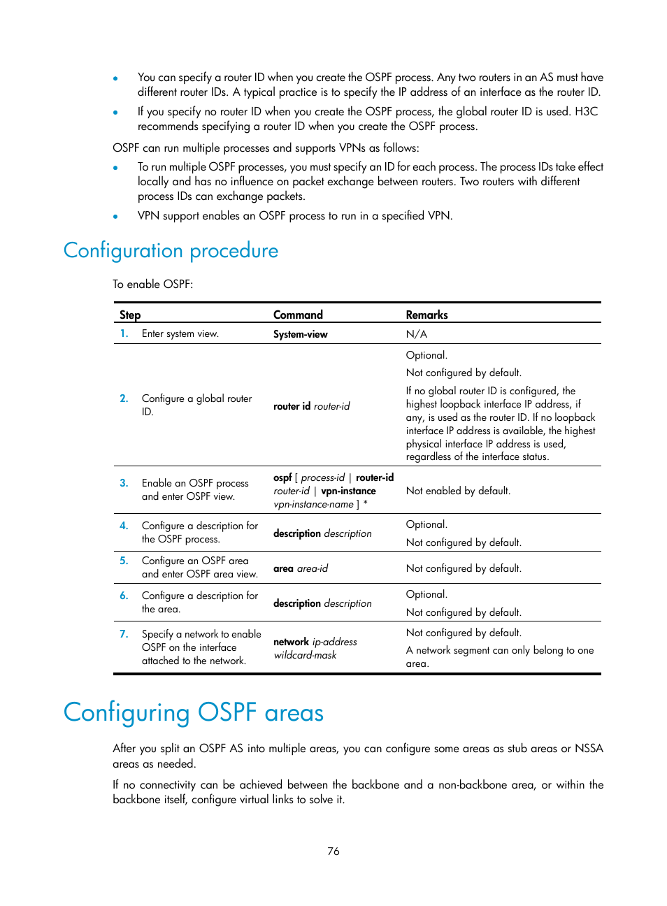 Configuration procedure, Configuring ospf areas | H3C Technologies H3C S12500 Series Switches User Manual | Page 92 / 443