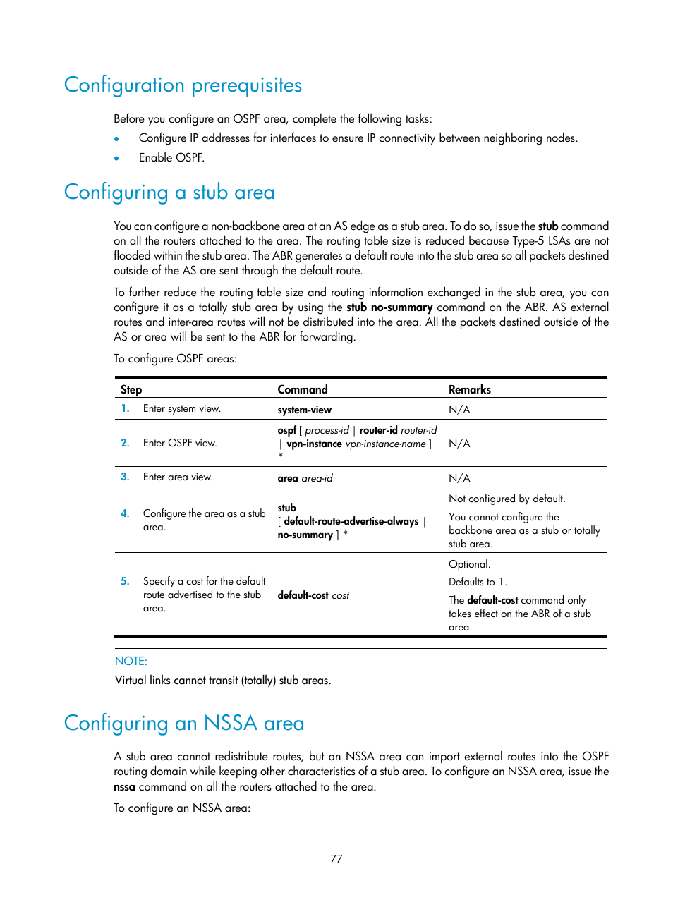 Configuration prerequisites, Configuring a stub area, Configuring an nssa area | H3C Technologies H3C S12500 Series Switches User Manual | Page 93 / 443