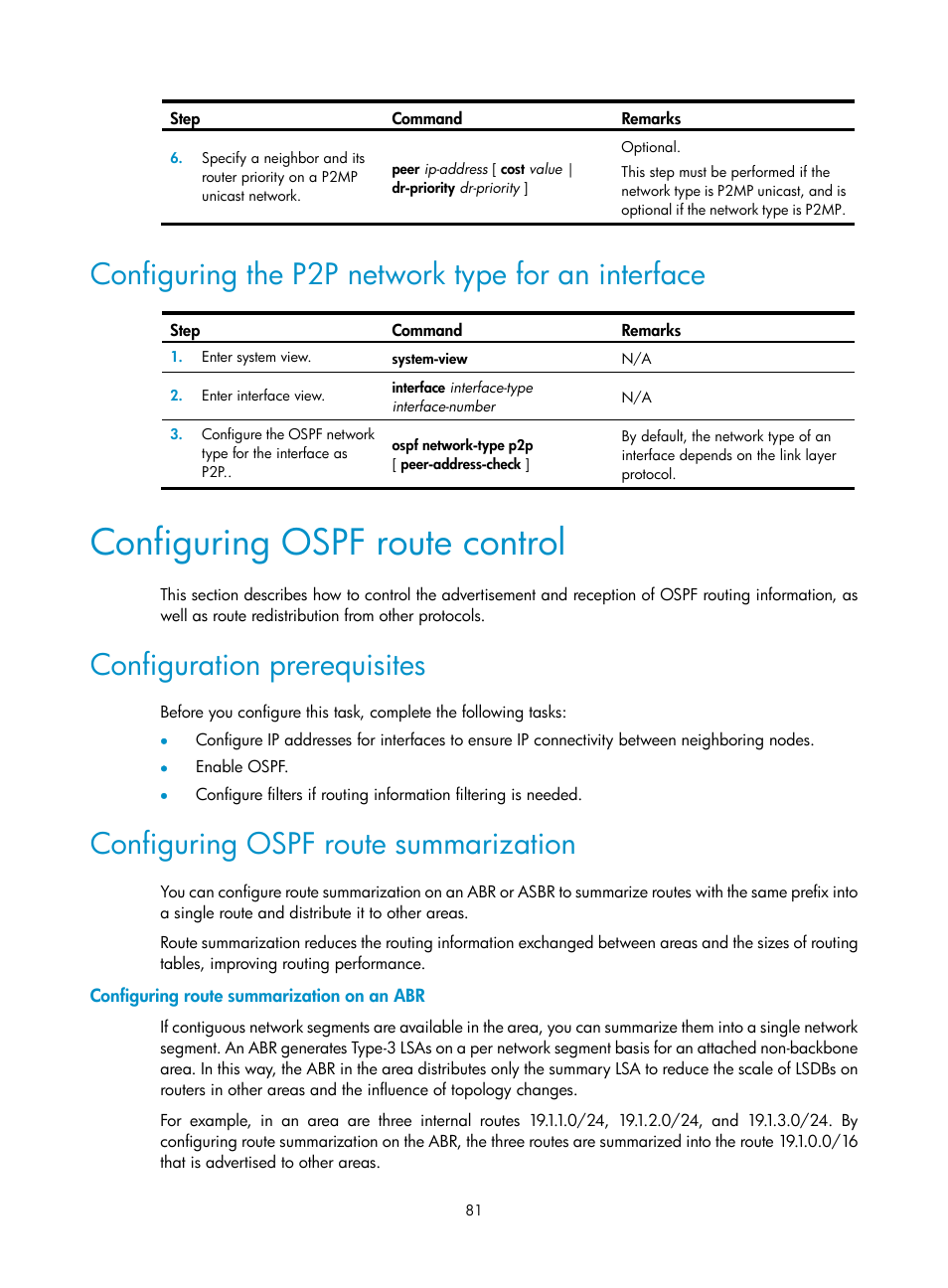 Configuring the p2p network type for an interface, Configuring ospf route control, Configuration prerequisites | Configuring ospf route summarization, Configuring route summarization on an abr | H3C Technologies H3C S12500 Series Switches User Manual | Page 97 / 443
