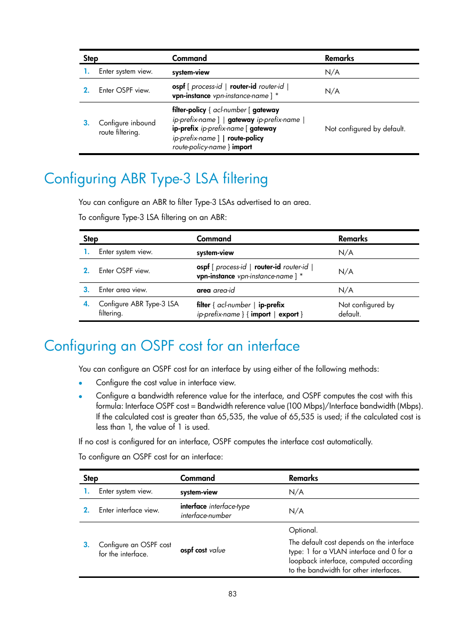 Configuring abr type-3 lsa filtering, Configuring an ospf cost for an interface | H3C Technologies H3C S12500 Series Switches User Manual | Page 99 / 443