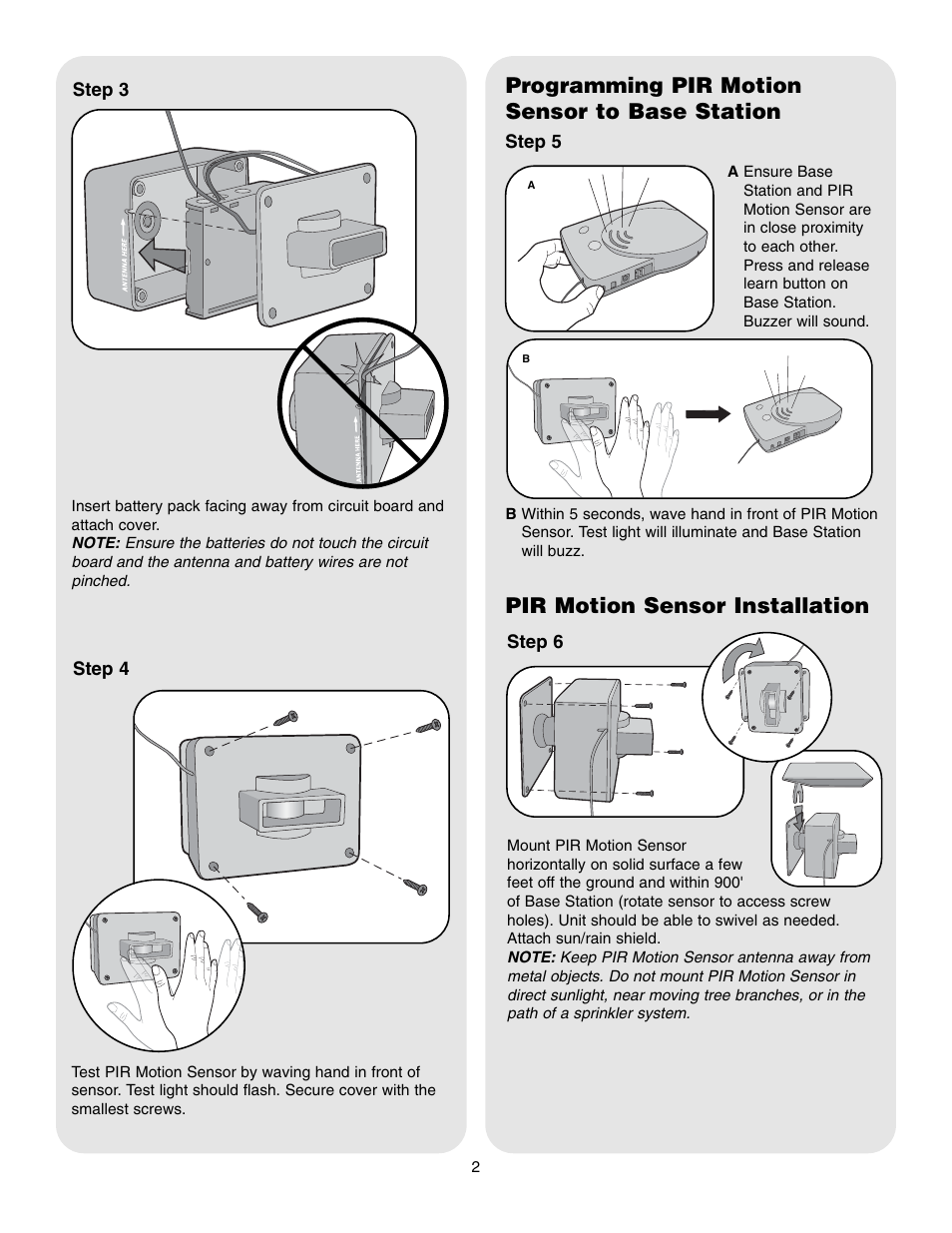 Step 3, Step 4, Programming pir motion sensor to base station | Pir motion sensor installation | Chamberlain PIR2300R User Manual | Page 2 / 4