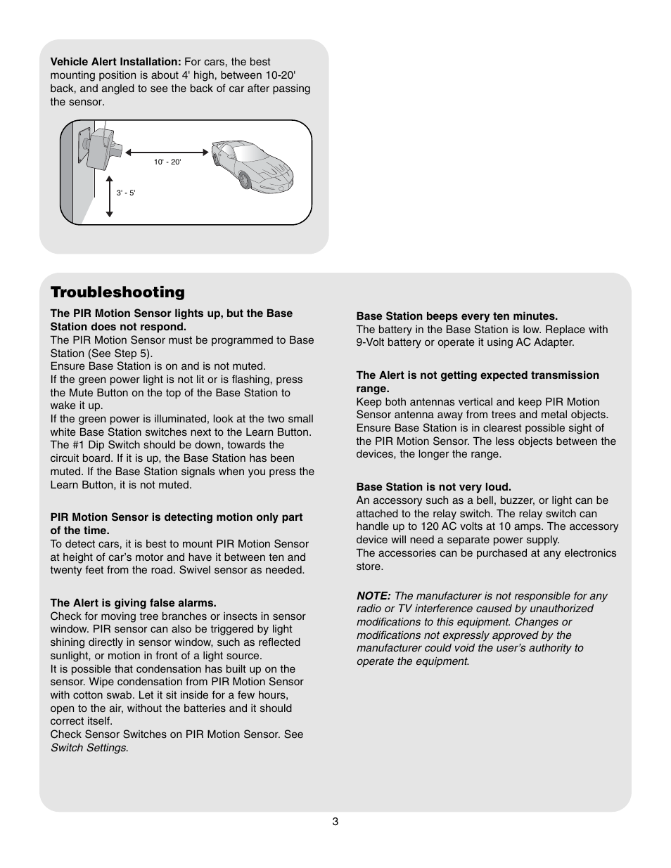 Vehicle alert installation, Troubleshooting | Chamberlain PIR2300R User Manual | Page 3 / 4