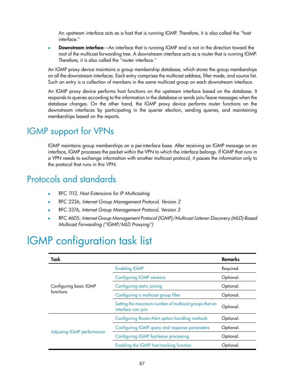 Igmp support for vpns, Protocols and standards, Igmp configuration task list | H3C Technologies H3C S12500 Series Switches User Manual | Page 103 / 468