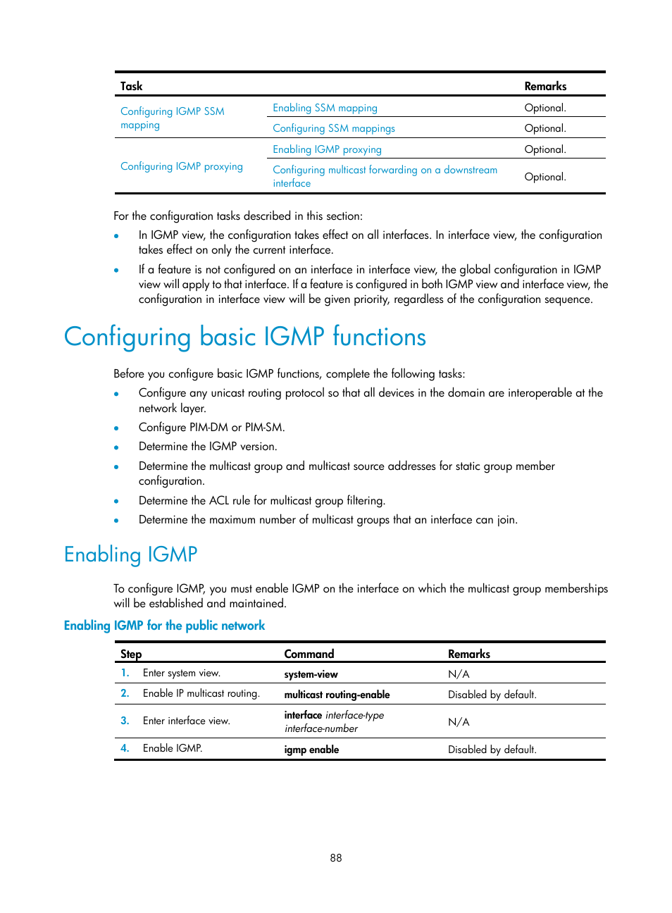 Configuring basic igmp functions, Enabling igmp, Enabling igmp for the public network | H3C Technologies H3C S12500 Series Switches User Manual | Page 104 / 468