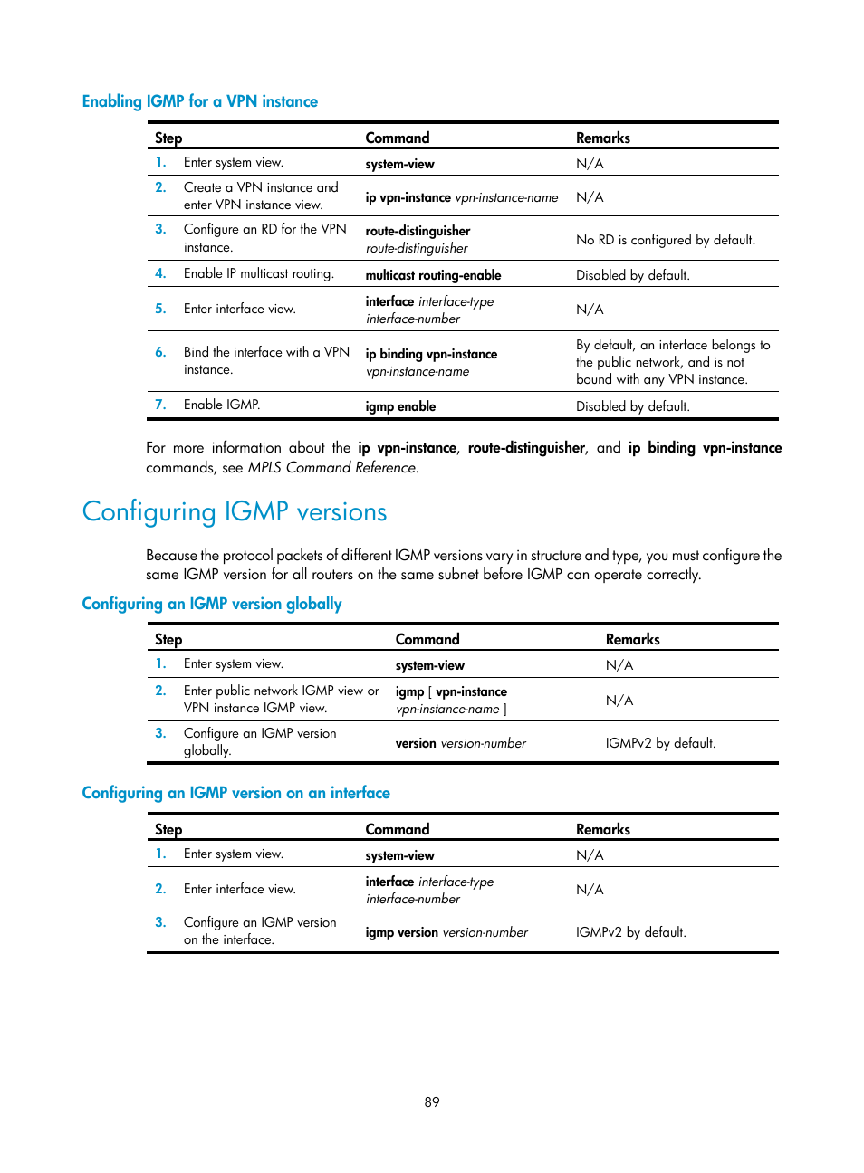 Enabling igmp for a vpn instance, Configuring igmp versions, Configuring an igmp version globally | Configuring an igmp version on an interface | H3C Technologies H3C S12500 Series Switches User Manual | Page 105 / 468