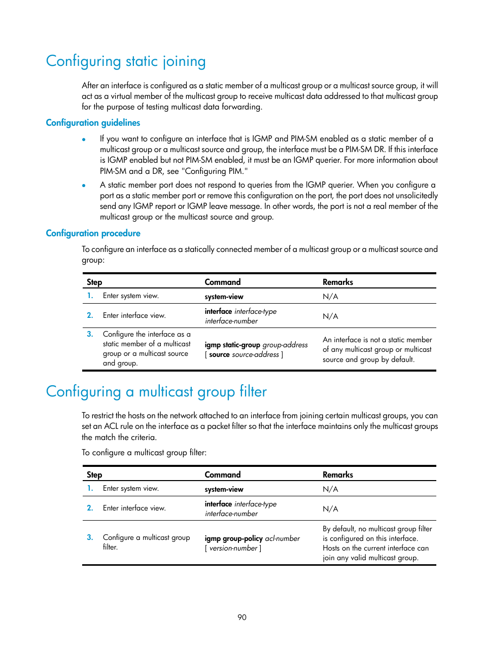 Configuring static joining, Configuration guidelines, Configuration procedure | Configuring a multicast group filter | H3C Technologies H3C S12500 Series Switches User Manual | Page 106 / 468