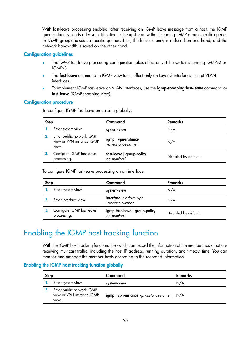 Configuration guidelines, Configuration procedure, Enabling the igmp host tracking function | Enabling the igmp host tracking function globally | H3C Technologies H3C S12500 Series Switches User Manual | Page 111 / 468